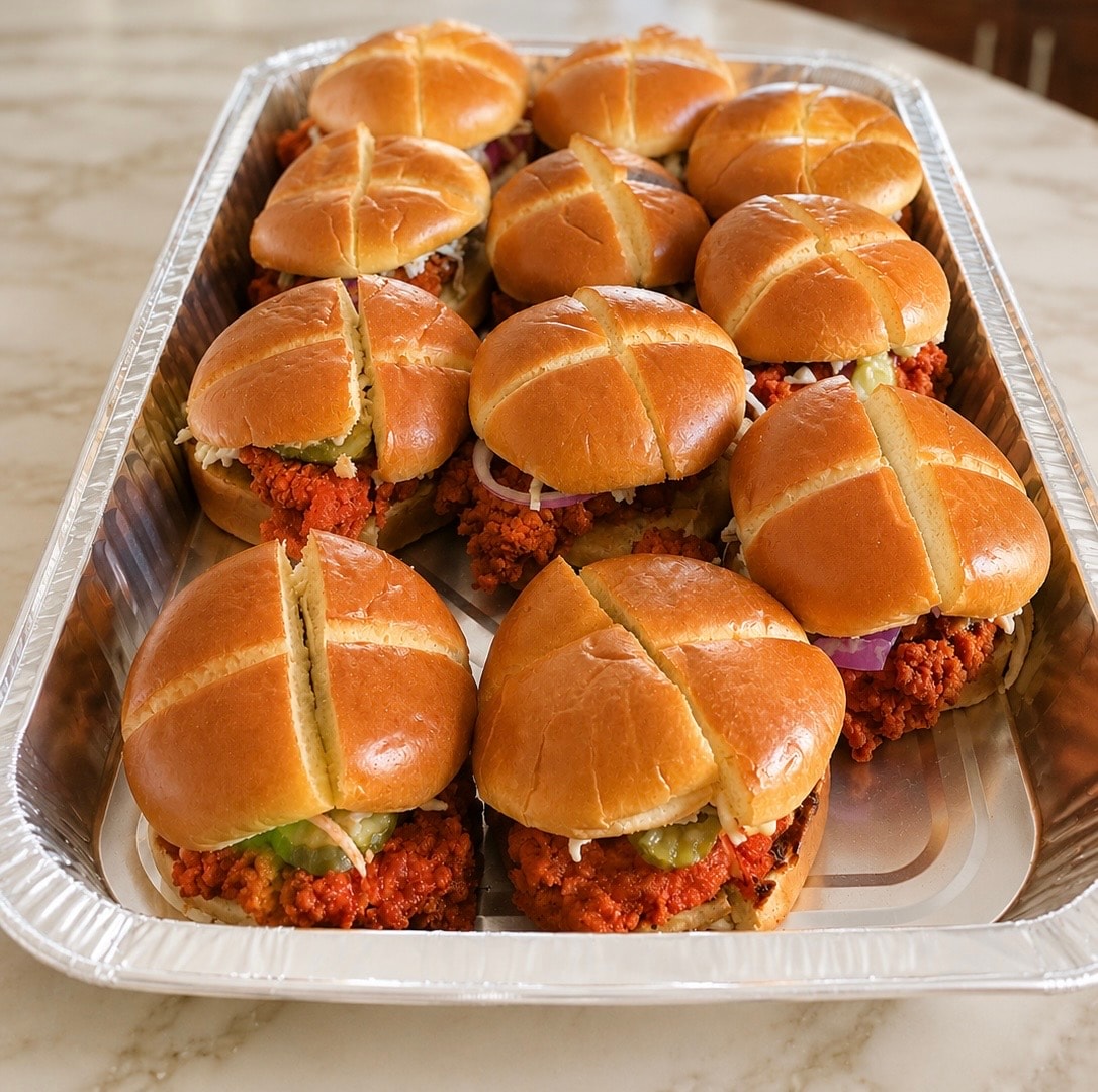 Tray of crispy chicken sandwiches